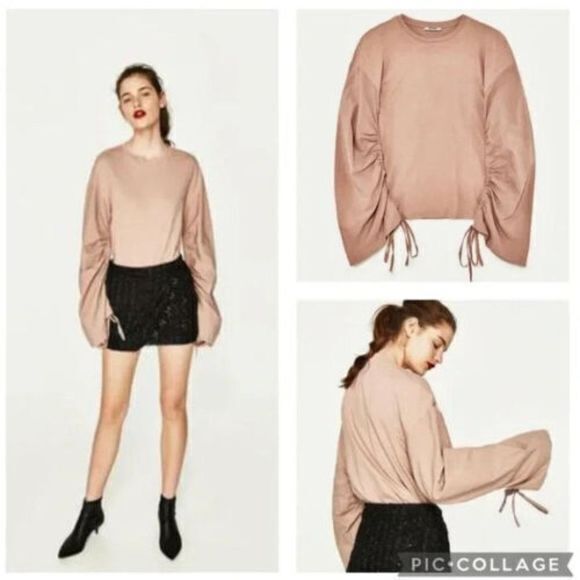 Zara Trafaluc Billowed Ruched Tie Bell Sleeve Tee‎ Tan Size S Top Oversized - Picture 1 of 7